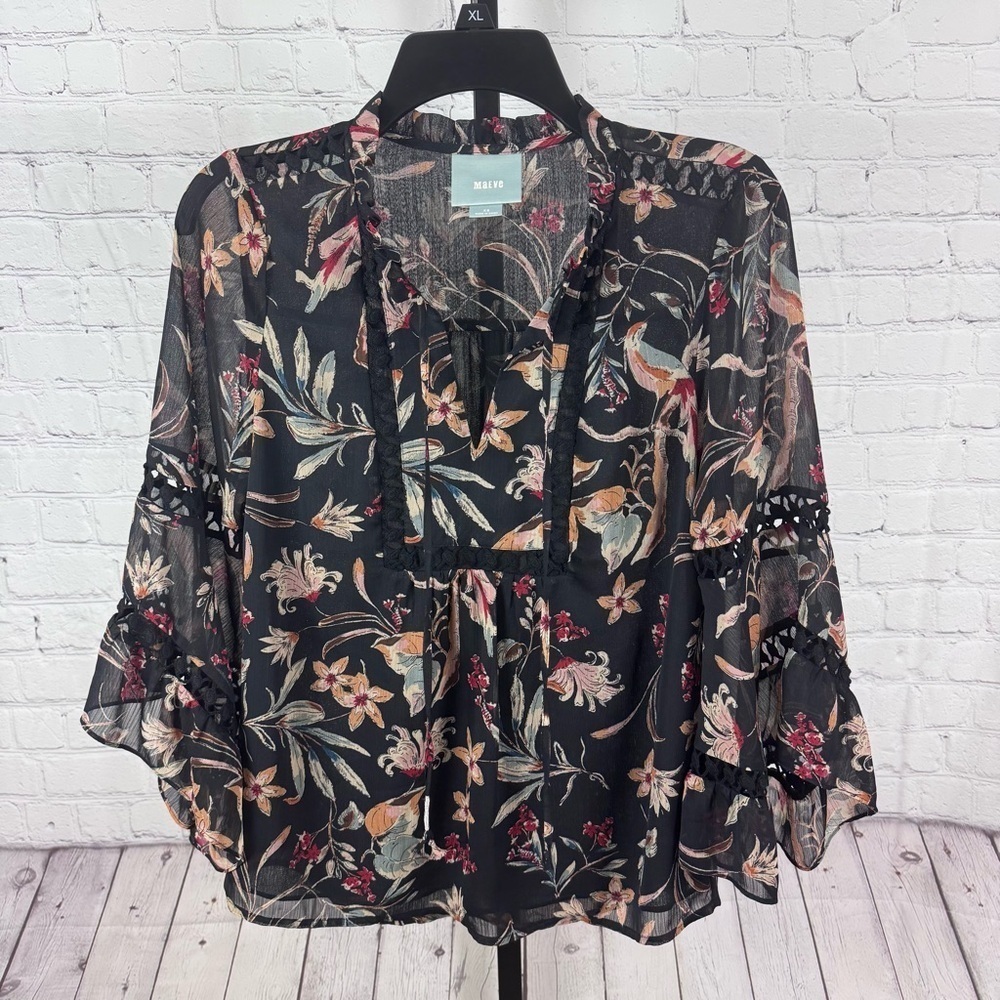 Maeve Anthropologie Odette Black Semi Sheer Bell Sleeve Blouse Size XS